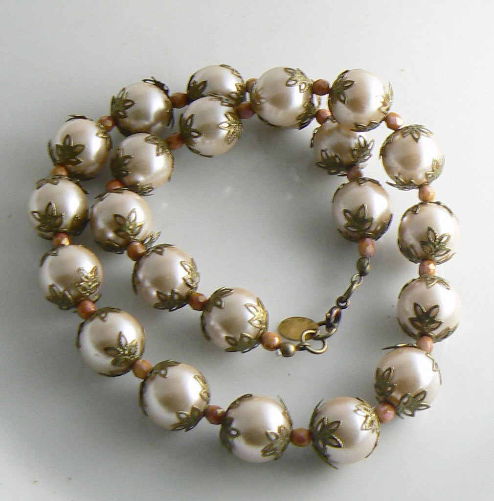 Vintage Miriam Haskell Round Glass Pearl Bead Cap Necklace