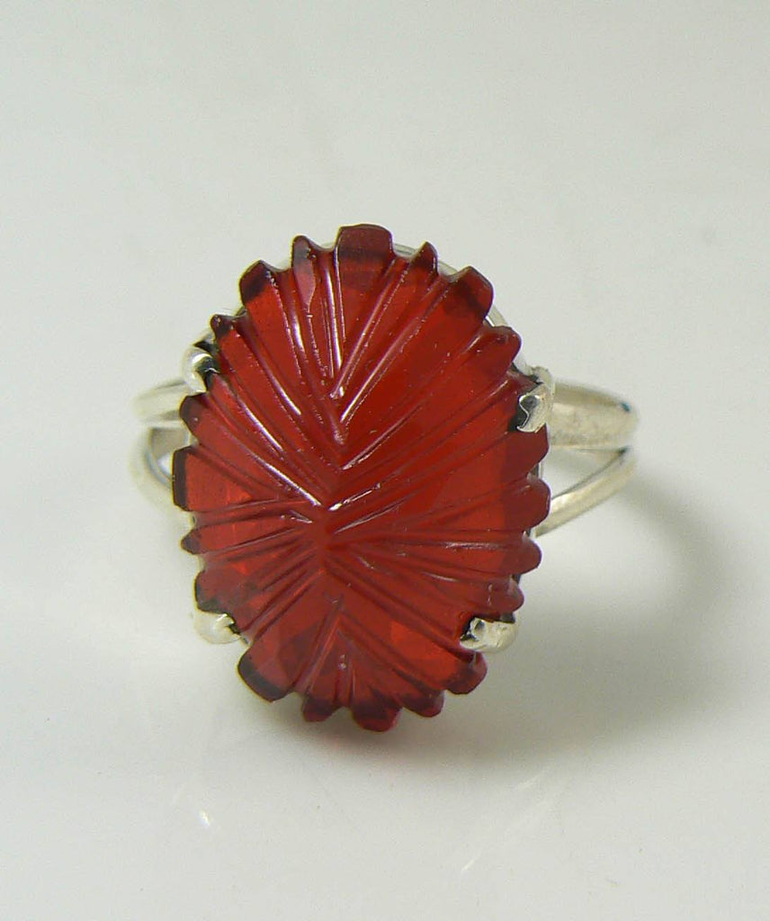 Hand Carved Garnet Sterling Silver Ring, Size 7.5