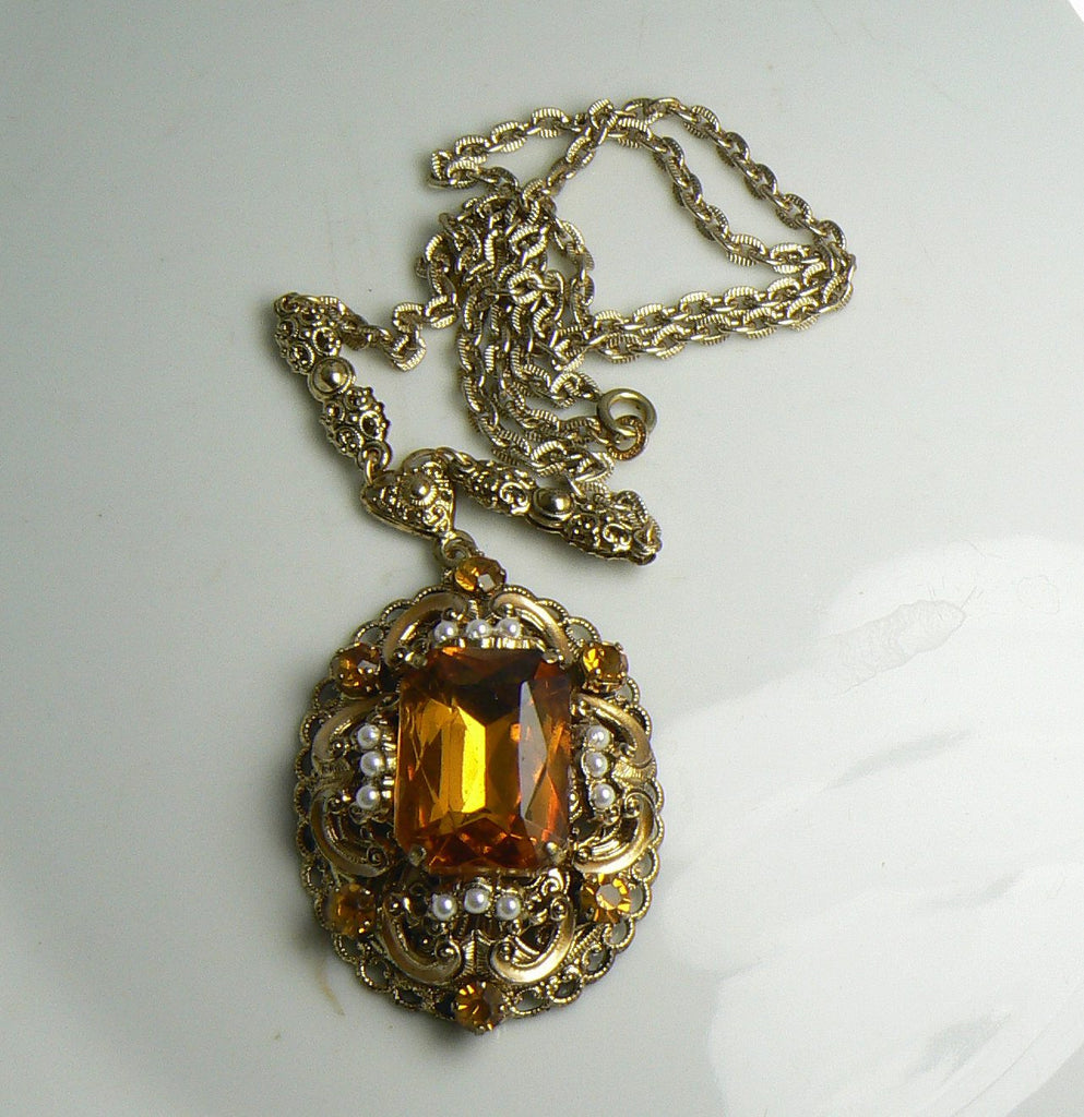 Vintage Signed W Germany Amber Glass Rhinestone Faux Pearl Pendant Necklace