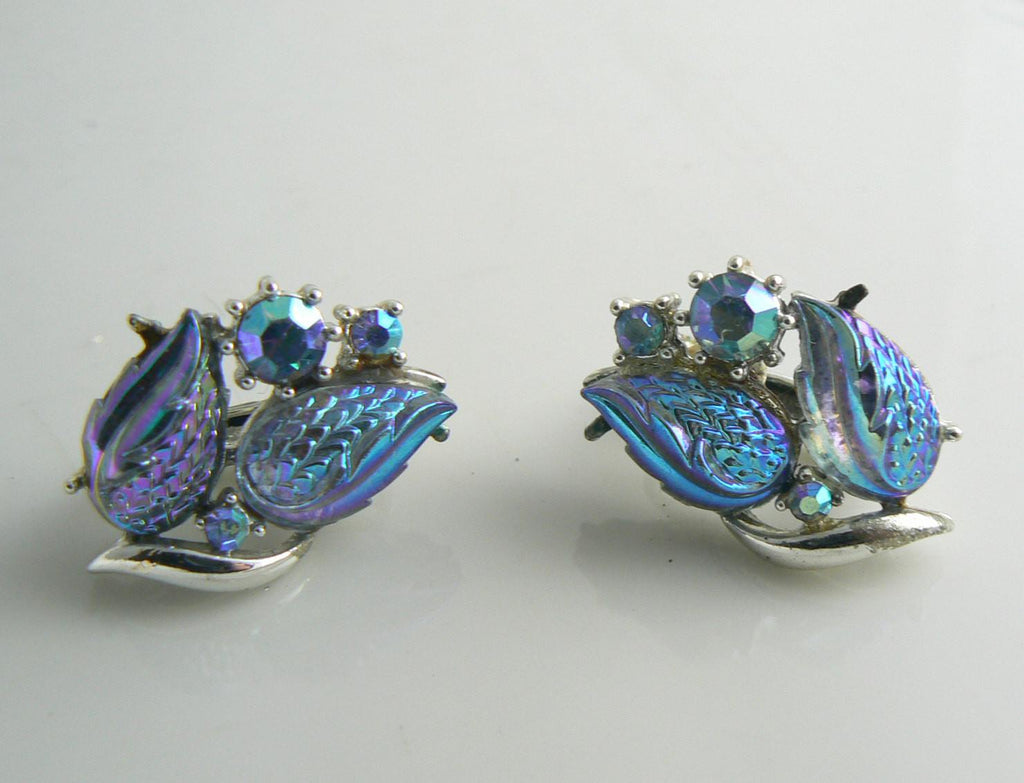 Coro Iridescent Blue Glass Leaves AB Rhinestone Bracelet Clip Earring Set - Vintage Lane Jewelry