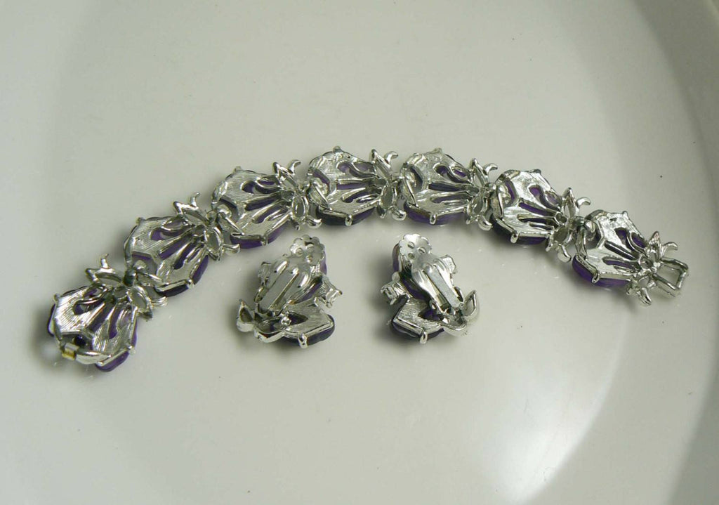 Coro Iridescent Blue Glass Leaves AB Rhinestone Bracelet Clip Earring Set - Vintage Lane Jewelry