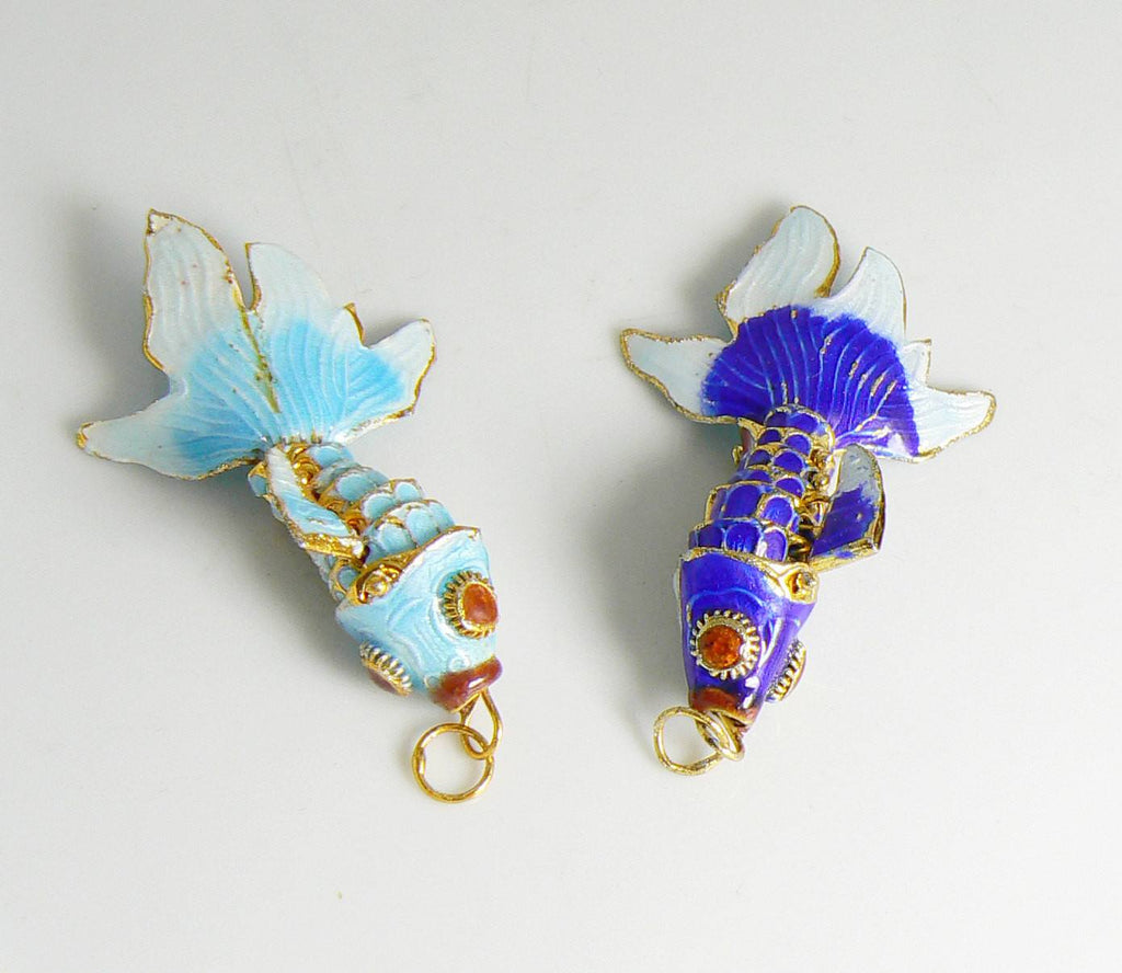 Vintage Articulating Enamel Koi Fish Pair Pendant, Aqua Blue and Royal Blue