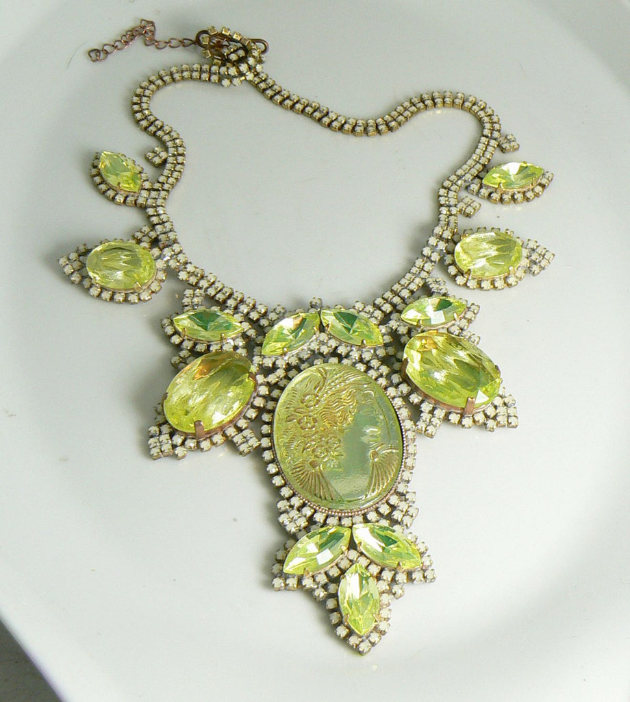 Cameo Czech Husar D Vaseline Uranium Glass Statement Necklace - Vintage Lane Jewelry