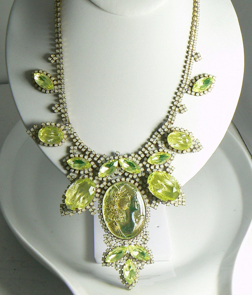 Cameo Czech Husar D Vaseline Uranium Glass Statement Necklace - Vintage Lane Jewelry
