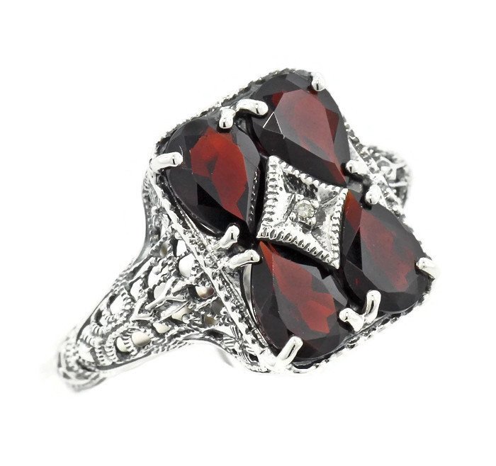 Art Deco Revival Garnet Filigree Diamond Sterling Silver Ring