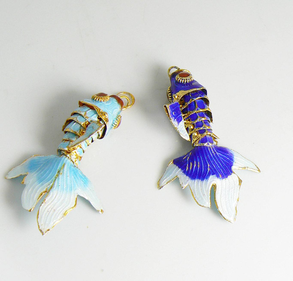 Vintage Articulating Enamel Koi Fish Pair Pendant, Aqua Blue and Royal Blue - Vintage Lane Jewelry