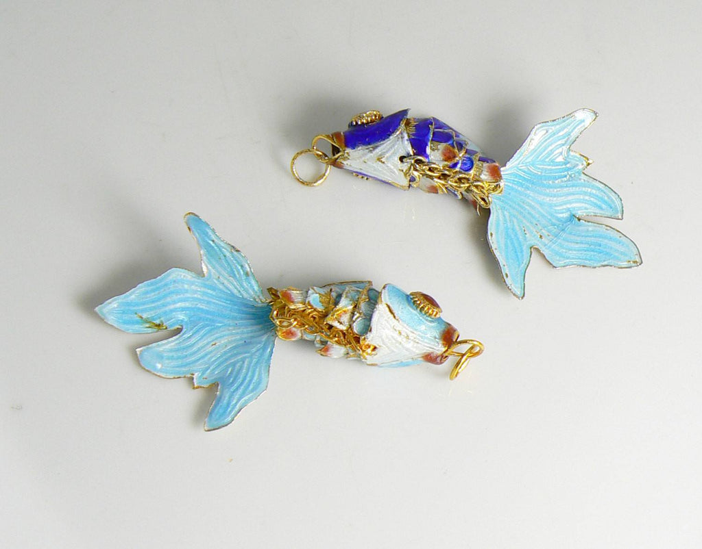 Vintage Articulating Enamel Koi Fish Pair Pendant, Aqua Blue and Royal Blue - Vintage Lane Jewelry