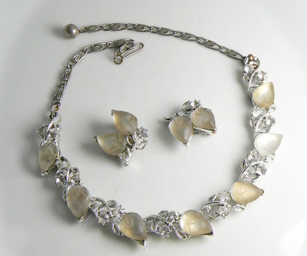Lisner Molded Glass Leaves Rhinestone Necklace and Clip Earring Set