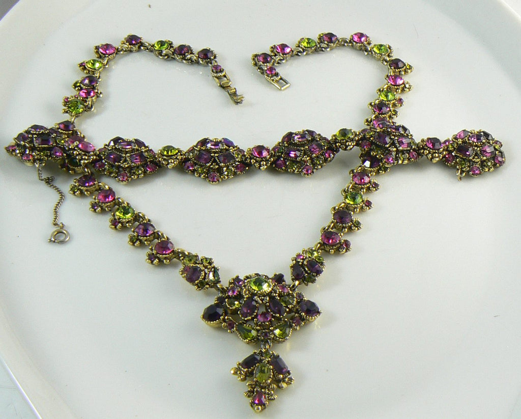Hollycraft Purple and Green Rhinestone Necklace and Bracelet Set