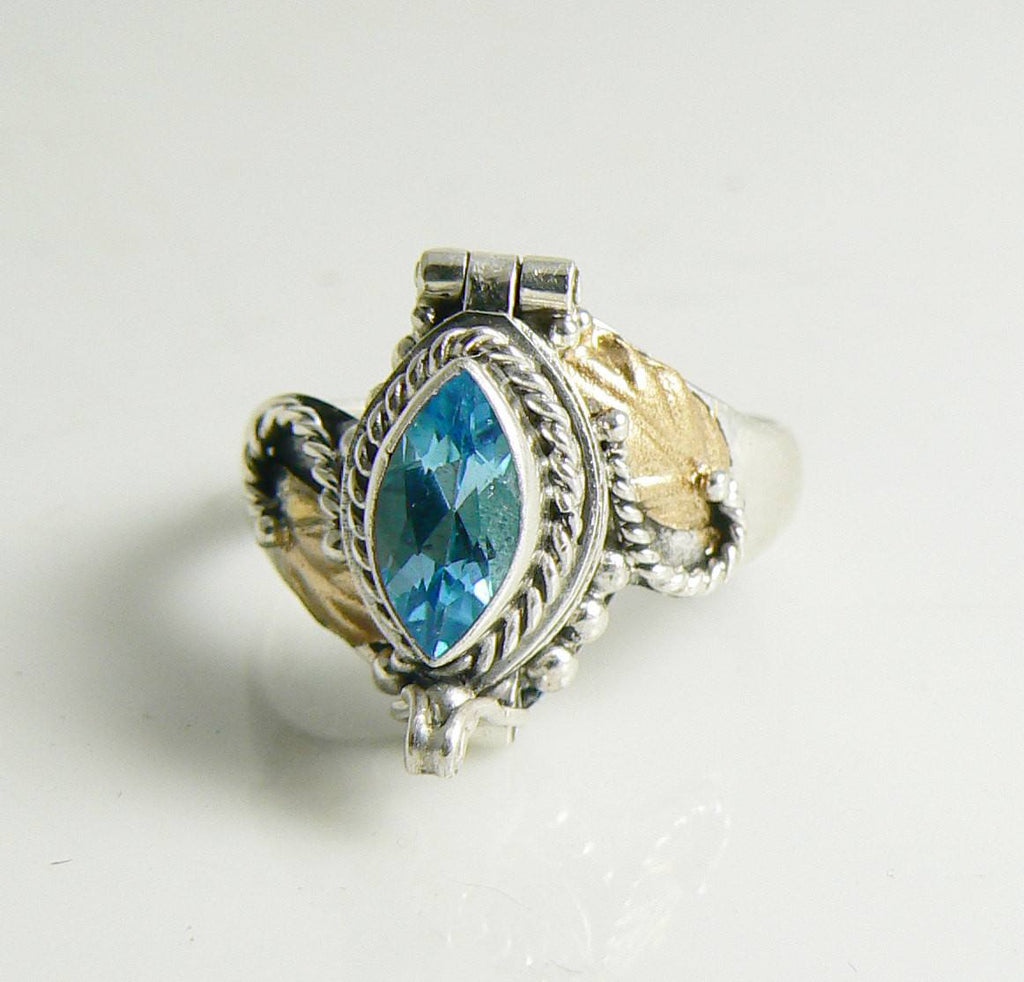 Sterling Silver Renaissance Revival Poison Ring with Genuine Blue Topaz, Pill Box Ring