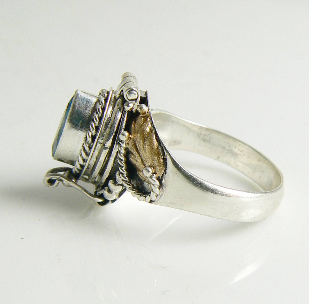 Sterling Silver Renaissance Revival Poison Ring with Genuine Blue Topaz, Pill Box Ring - Vintage Lane Jewelry