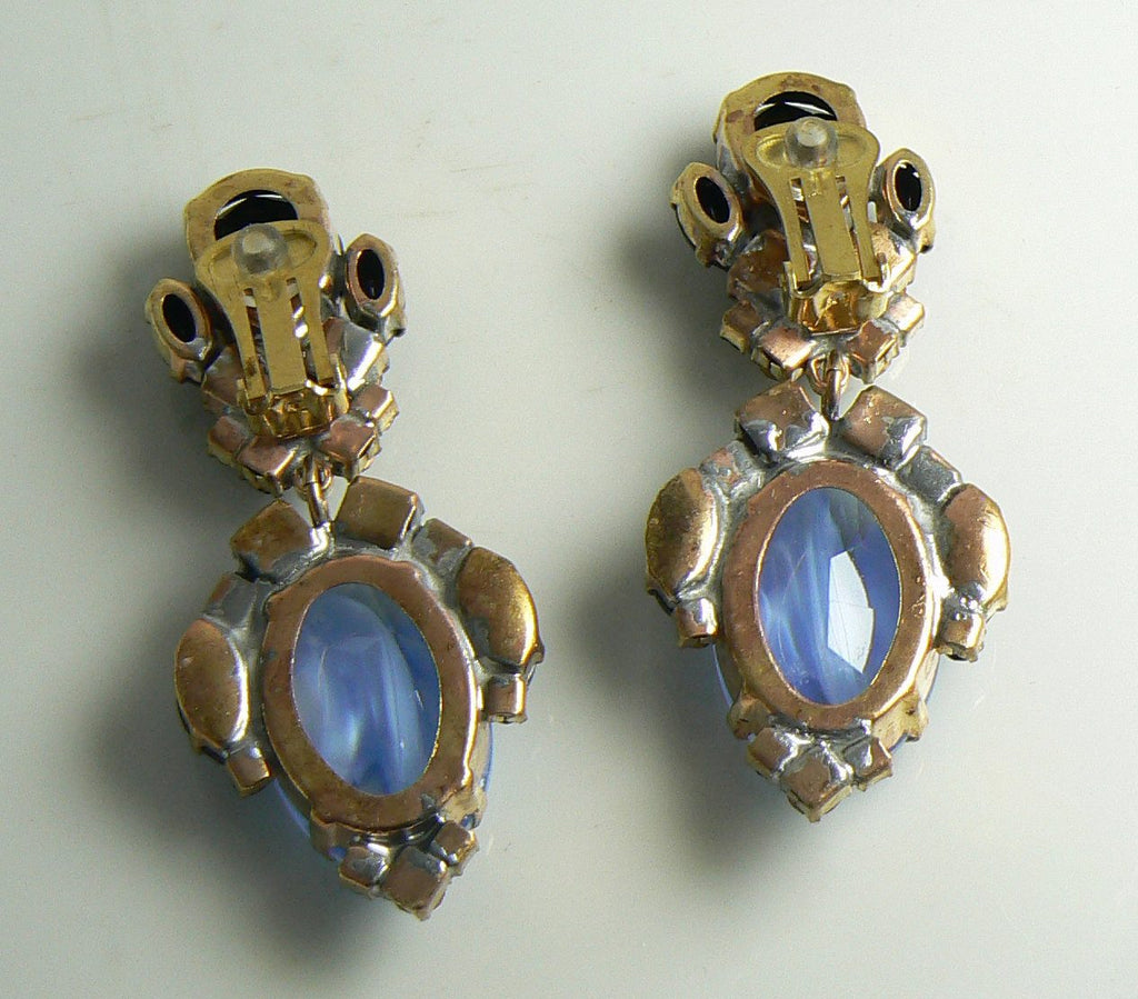 Black and Robins Eggs Blue Givre Czech Glass Clip Earrings - Vintage Lane Jewelry