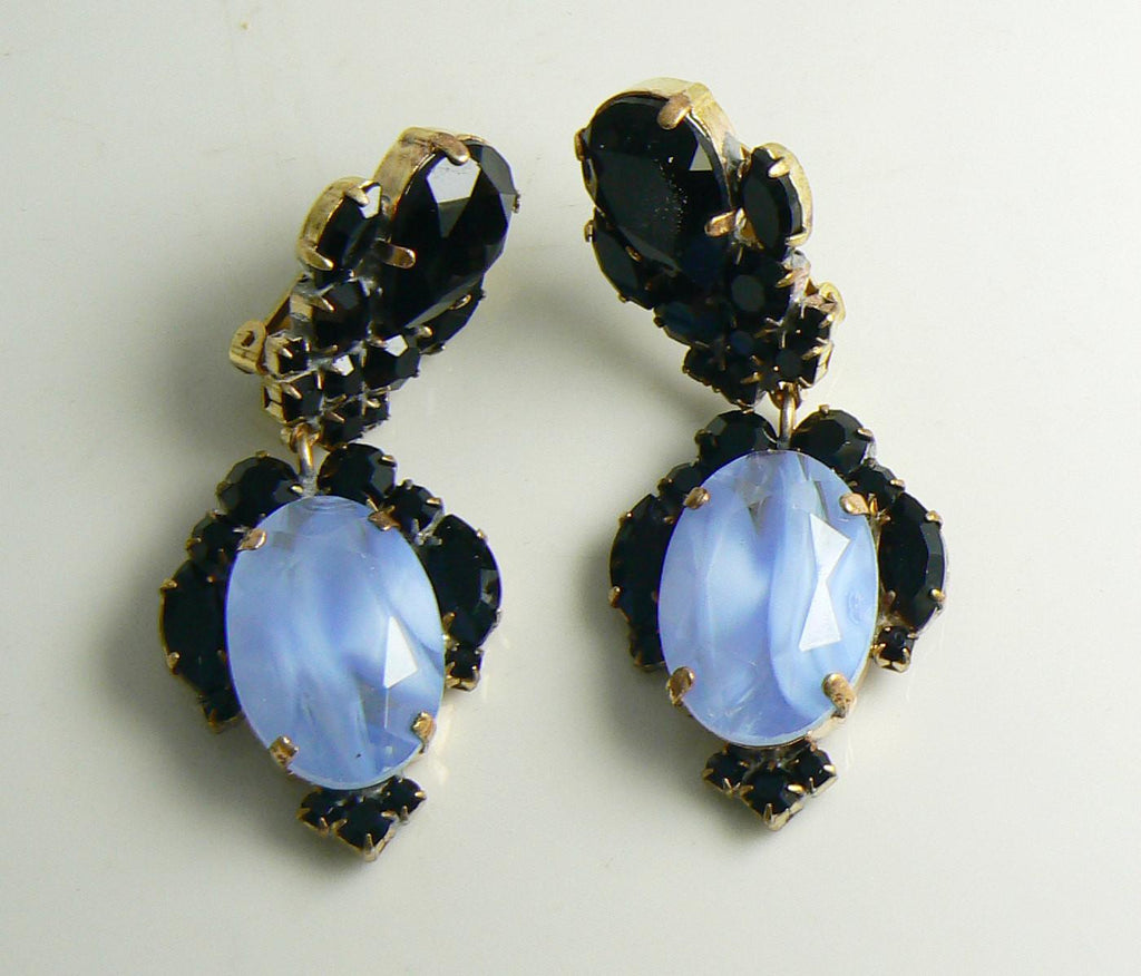 Black and Robins Eggs Blue Givre Czech Glass Clip Earrings - Vintage Lane Jewelry