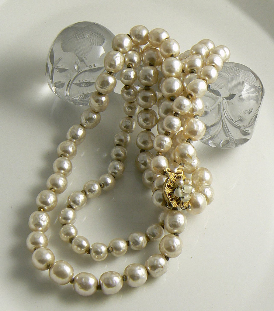 Miriam Haskell Double Strand Graduated Baroque Pearl Necklace - Vintage Lane Jewelry