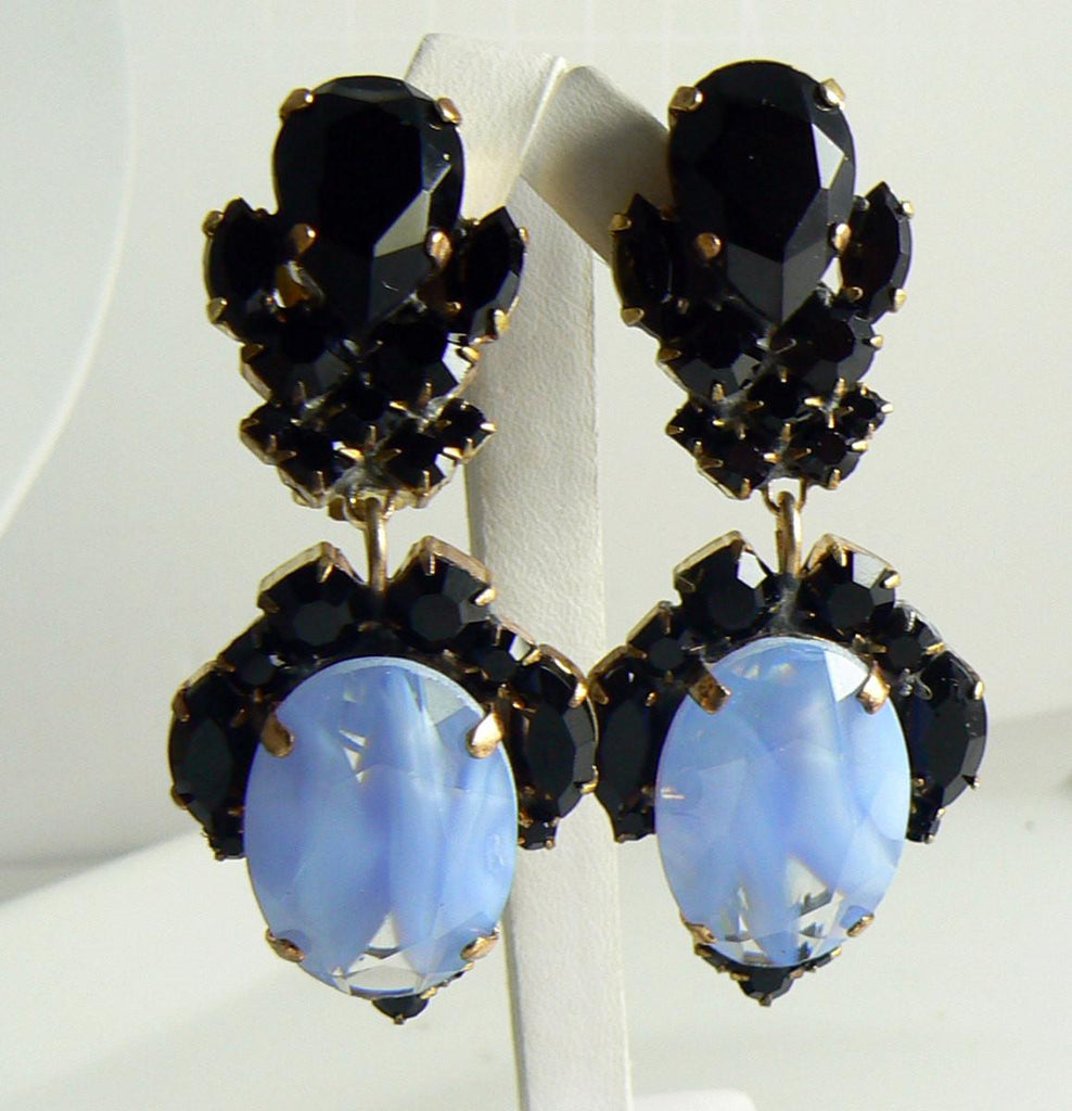 Black and Robins Eggs Blue Givre Czech Glass Clip Earrings