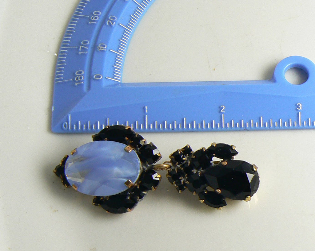 Black and Robins Eggs Blue Givre Czech Glass Clip Earrings - Vintage Lane Jewelry