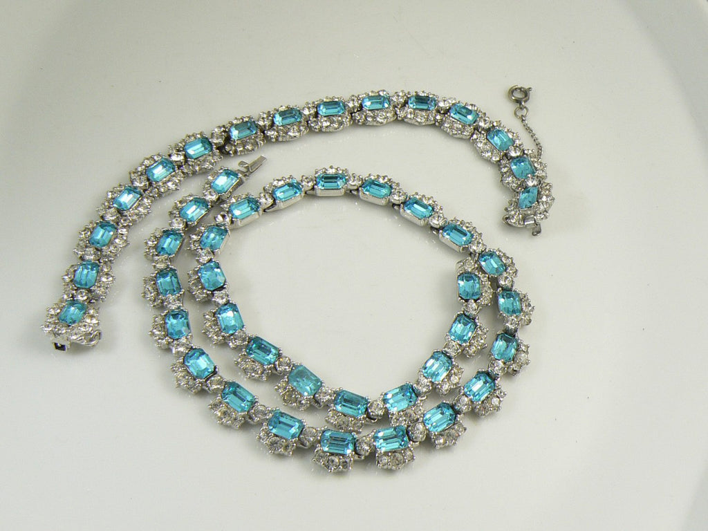 Signed Bogoff Sky Blue Emerald Cut Rhinestone Choker Necklace and Bracelet - Vintage Lane Jewelry