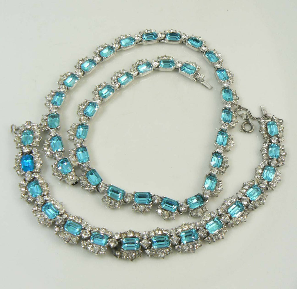 Signed Bogoff Sky Blue Emerald Cut Rhinestone Choker Necklace and Bracelet