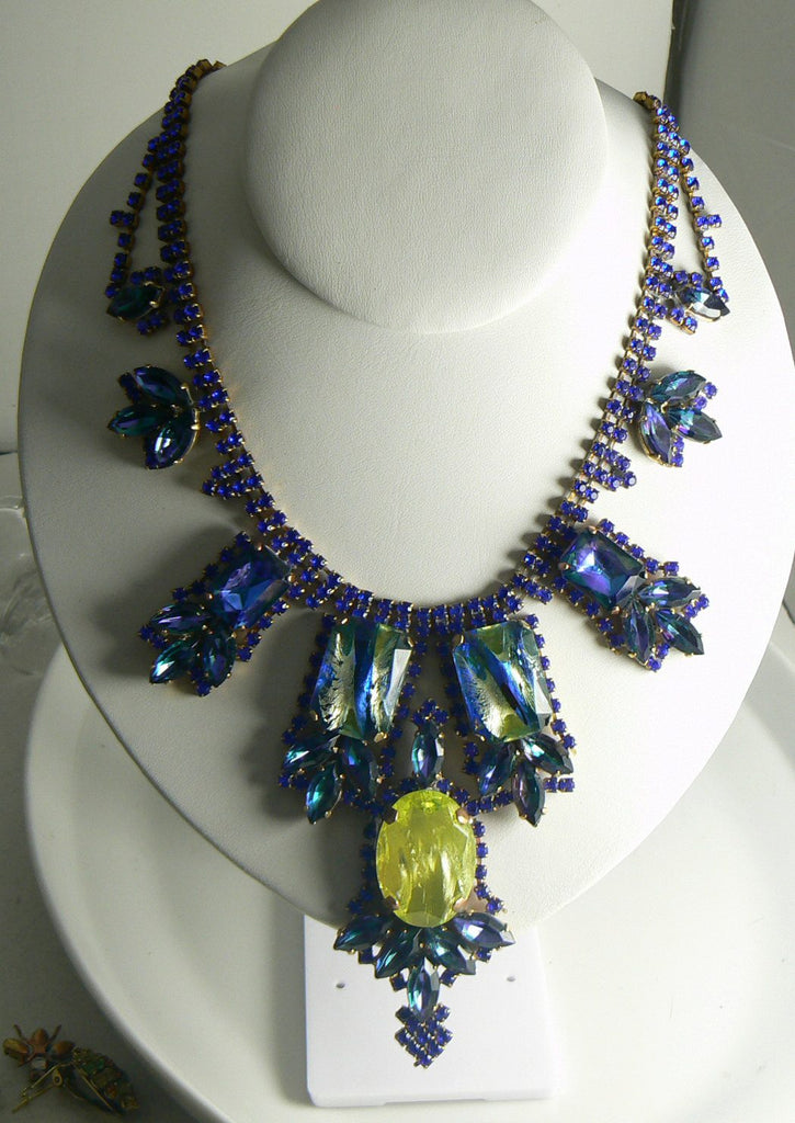 Czech Husar D Vaseline Uranium Glass Blue Dragons Eye Statement Necklace - Vintage Lane Jewelry