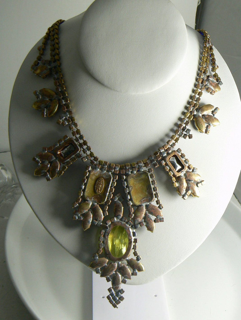 Czech Husar D Vaseline Uranium Glass Blue Dragons Eye Statement Necklace - Vintage Lane Jewelry