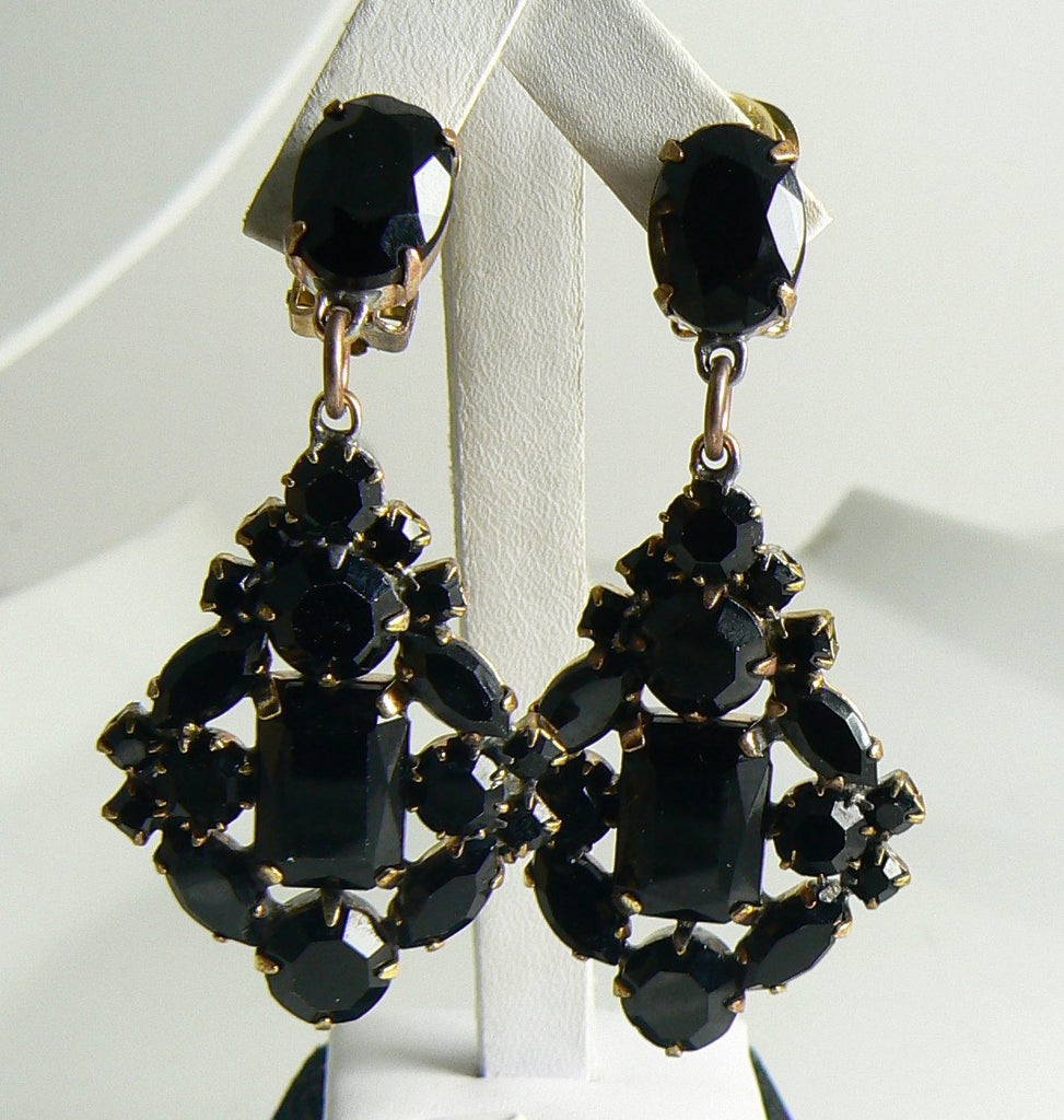 Black Glass Stone Clip Earrings