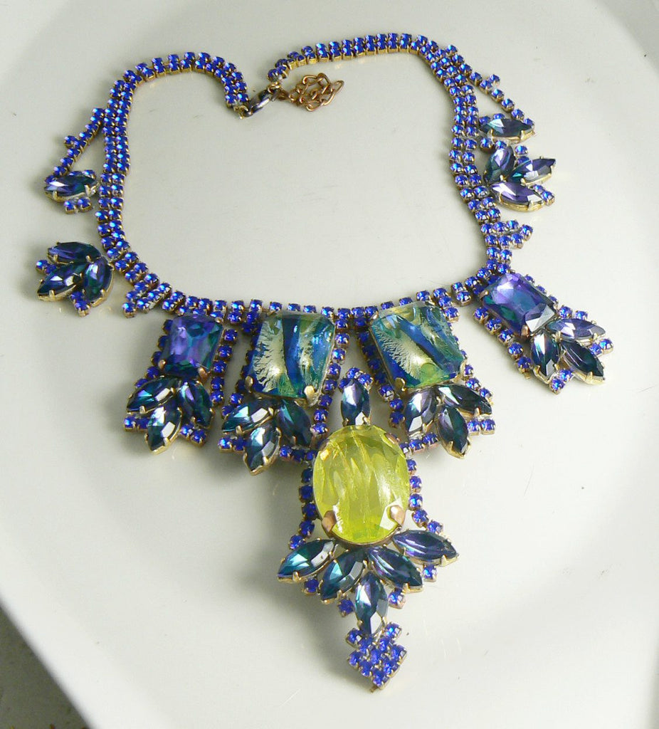 Czech Husar D Vaseline Uranium Glass Blue Dragons Eye Statement Necklace