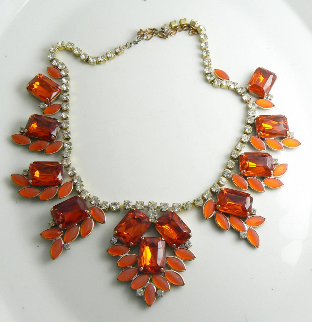 Fiery Orange Czech Glass Rhinestone Necklace