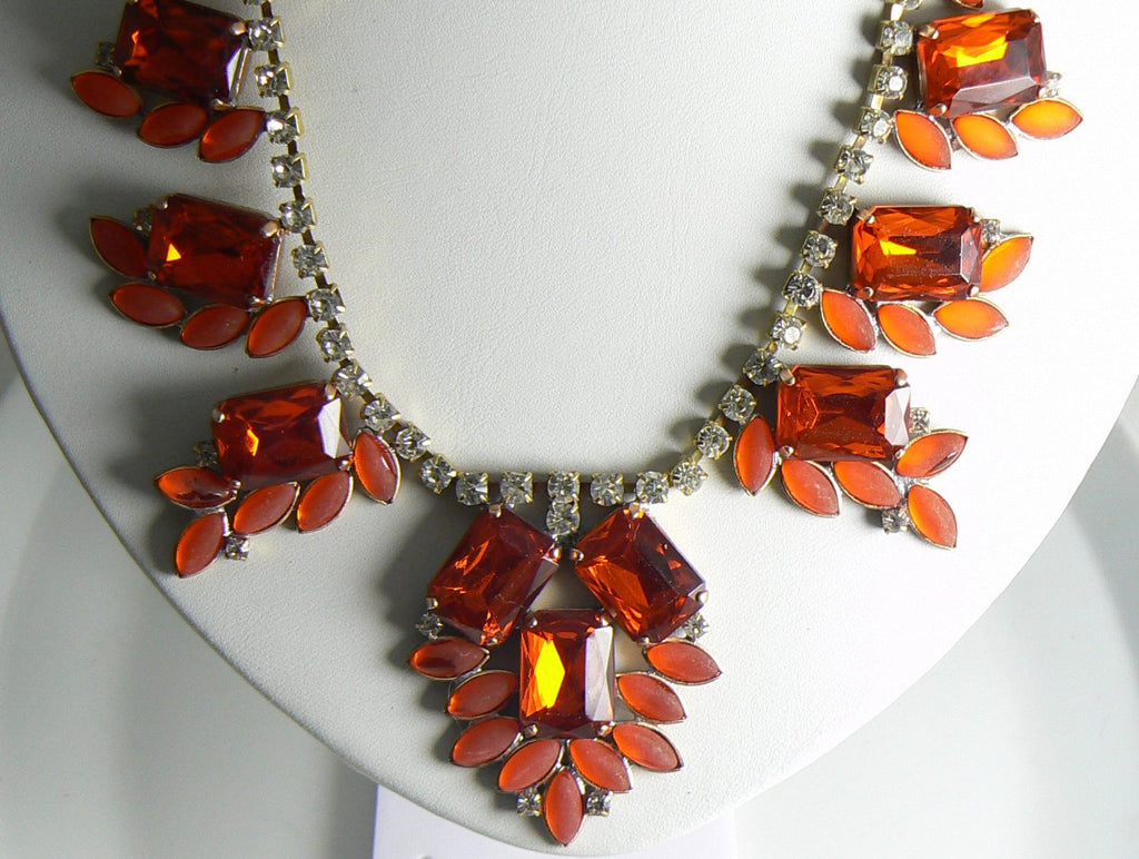 Fiery Orange Czech Glass Rhinestone Necklace - Vintage Lane Jewelry