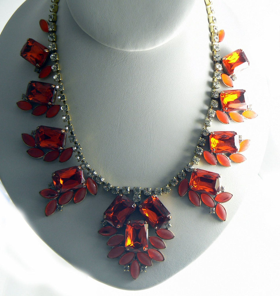 Fiery Orange Czech Glass Rhinestone Necklace - Vintage Lane Jewelry