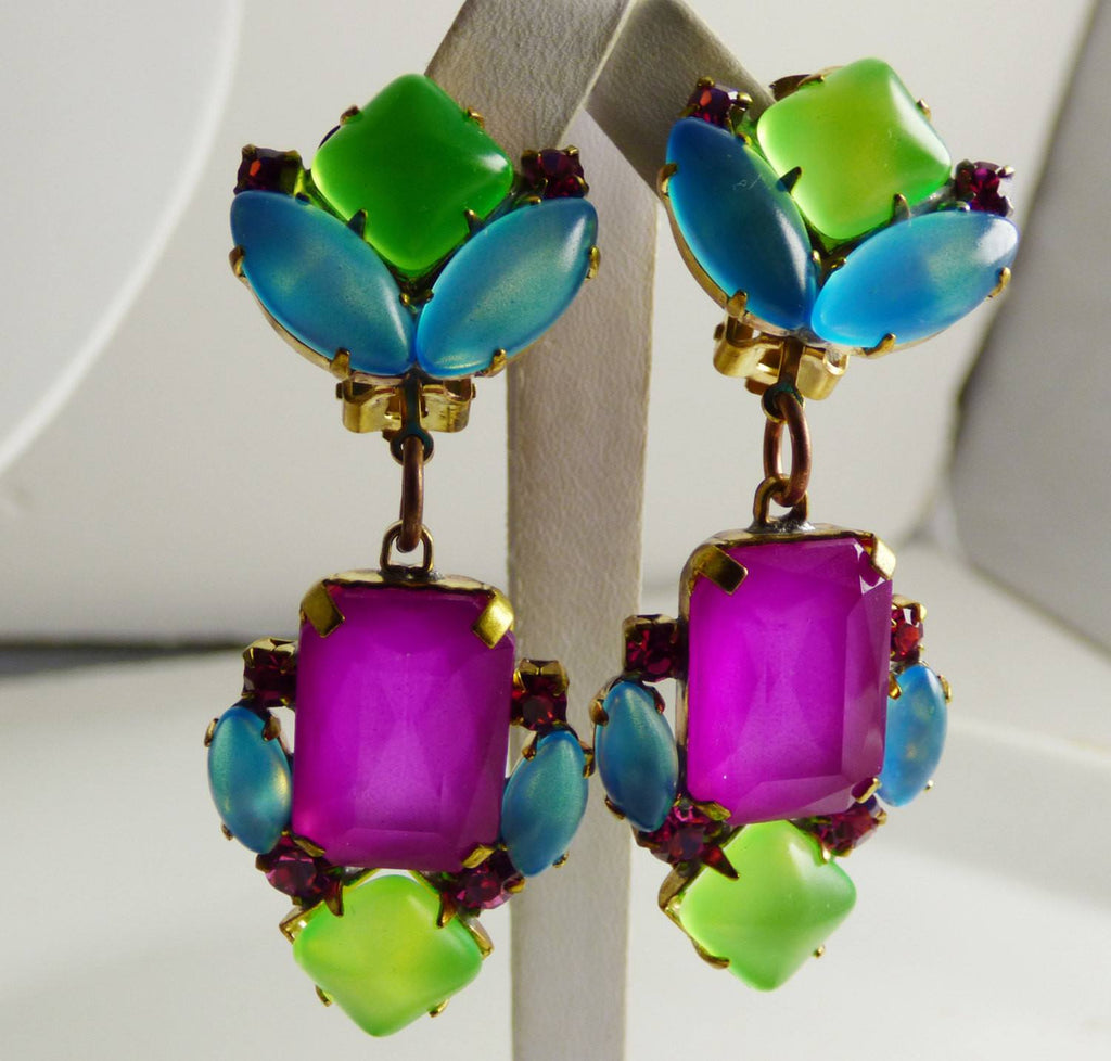 Czech Neon Purple, Blue and Green Clip Earrings