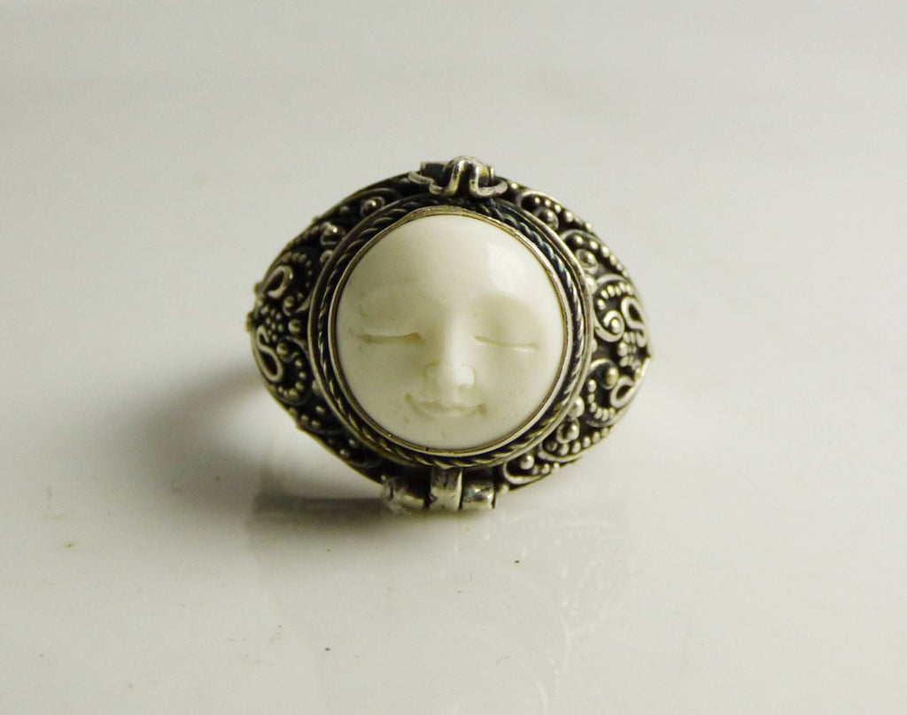 Balinese Carved Bone Face Sterling Silver Poison Ring