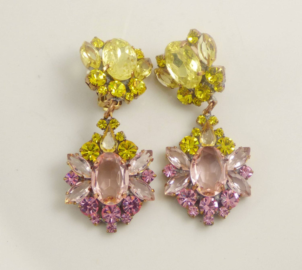 Yellow and Pink Czech Glass Clip Earrings