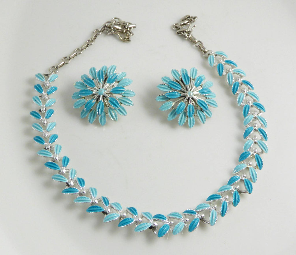 Blue Enamel Necklace and Clip Earring Set