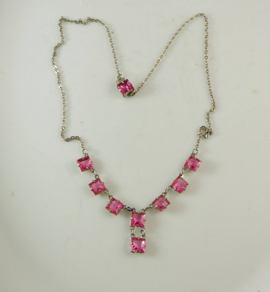 Deep Pink Art Deco Faceted Glass Necklace, Prong set, open back glass stones