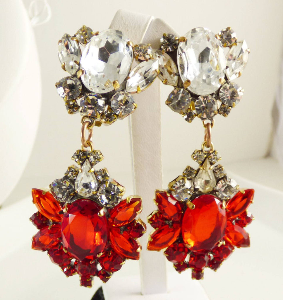 Czech Glass Ruby Red and Clear Rhinestone Clip Earrings