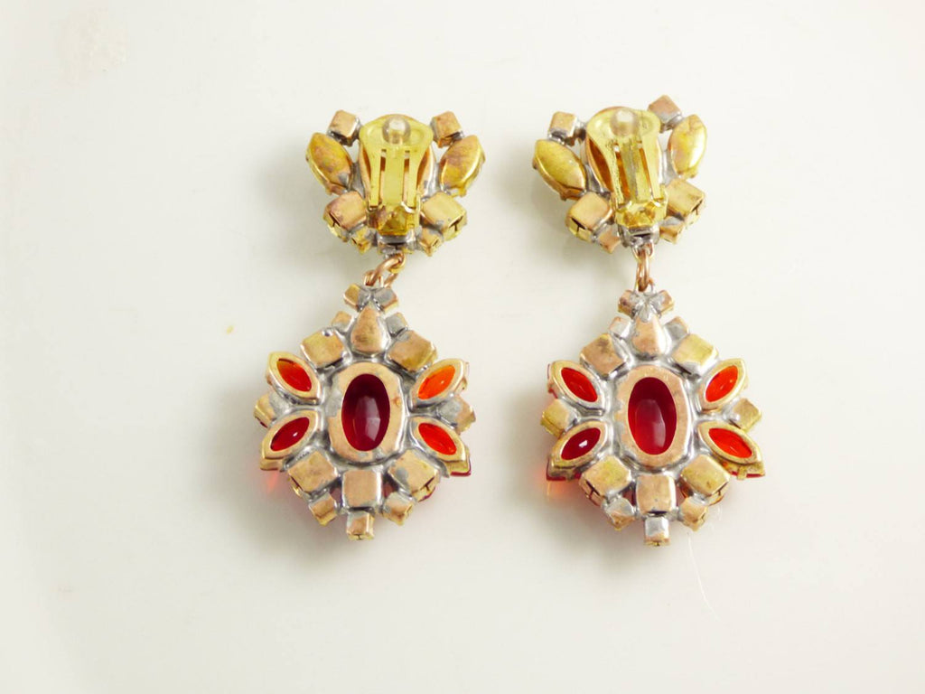 Czech Glass Ruby Red and Clear Rhinestone Clip Earrings - Vintage Lane Jewelry