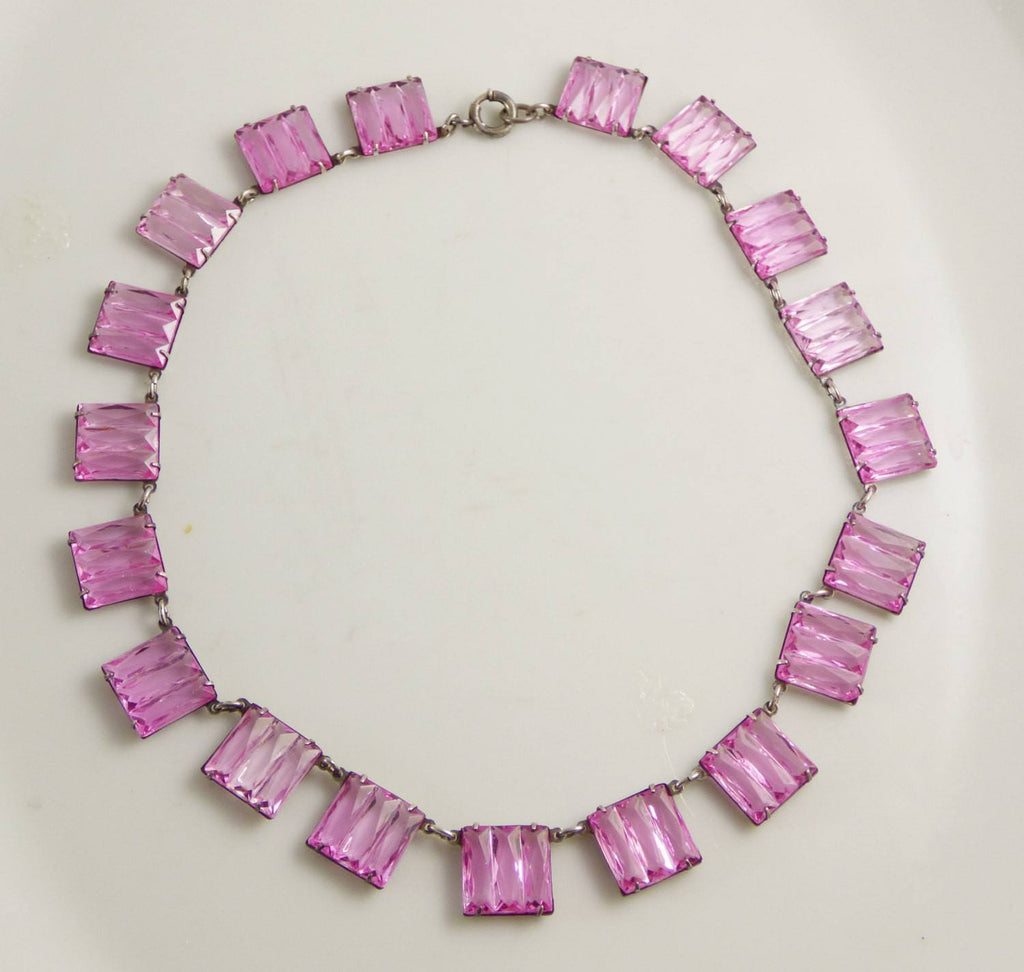 Vintage Art Deco Czech Tourmaline Pink Vauxhall Step Glass Necklace, Chevron Cut Crystal Choker