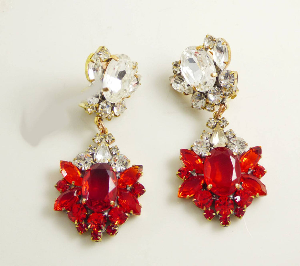 Czech Glass Ruby Red and Clear Rhinestone Clip Earrings - Vintage Lane Jewelry