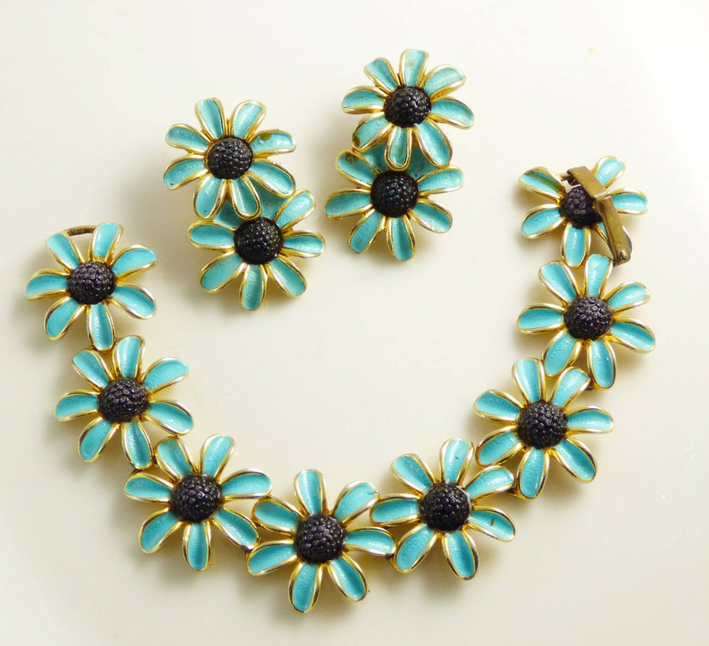Judy Lee Enamel Daisy Flower Bracelet and clip earrings