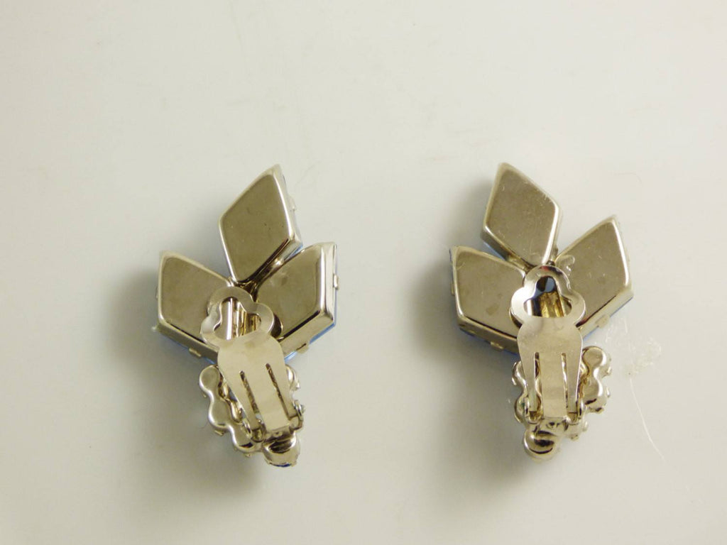 Juliana Book Piece Frosted Blue Diamond Shaped Rhinestone Clip Earrings - Vintage Lane Jewelry