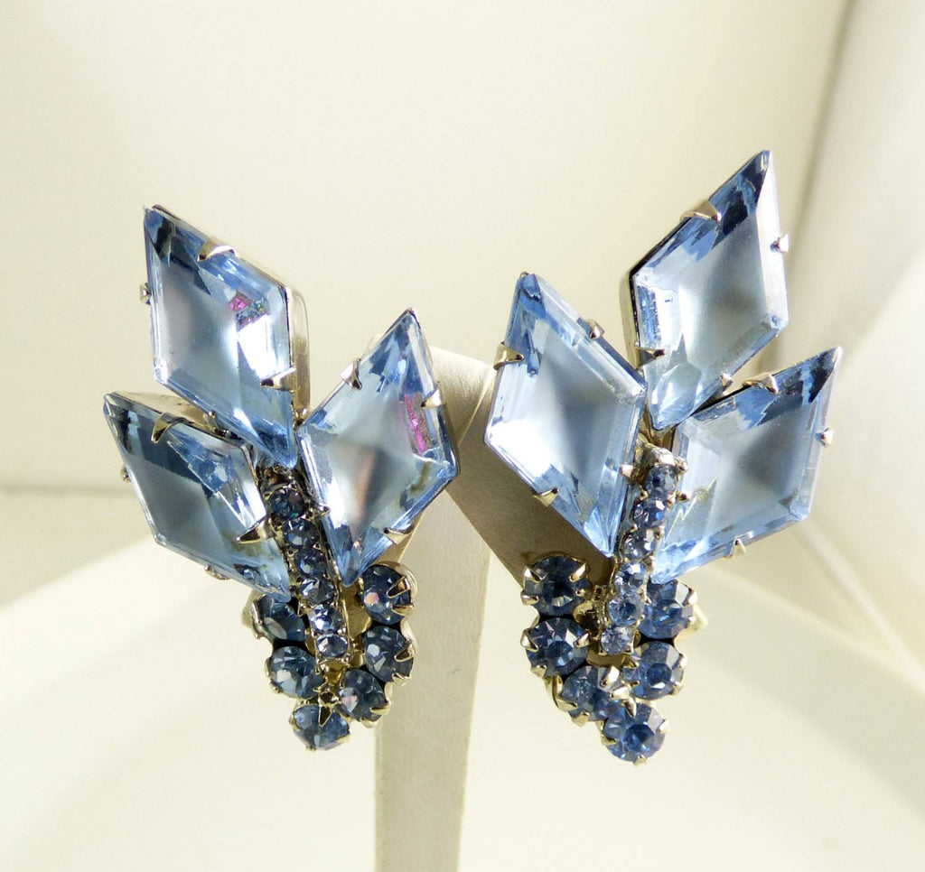 Juliana Book Piece Frosted Blue Diamond Shaped Rhinestone Clip Earrings
