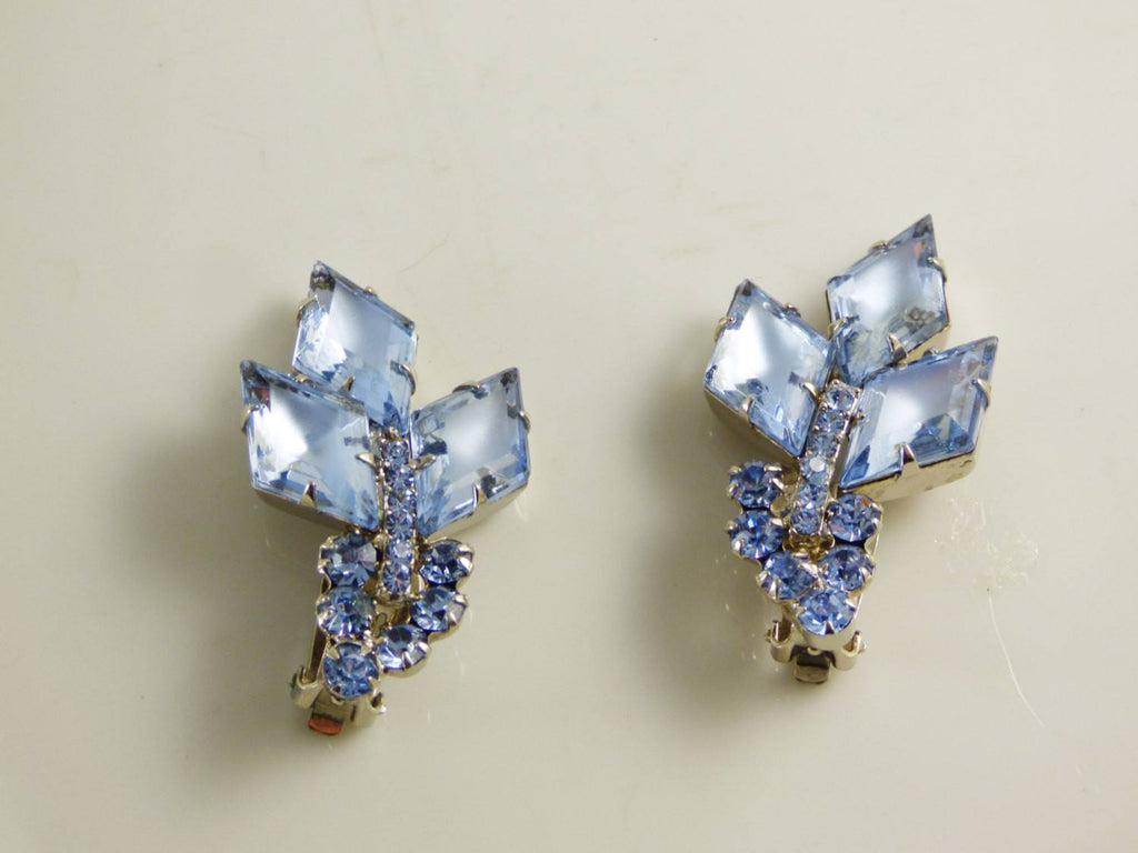 Juliana Book Piece Frosted Blue Diamond Shaped Rhinestone Clip Earrings - Vintage Lane Jewelry