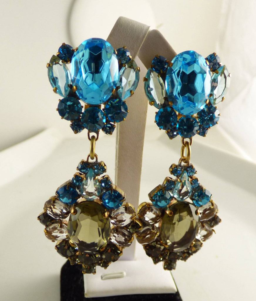 Blue and Gray Czech Glass Clip Earrings