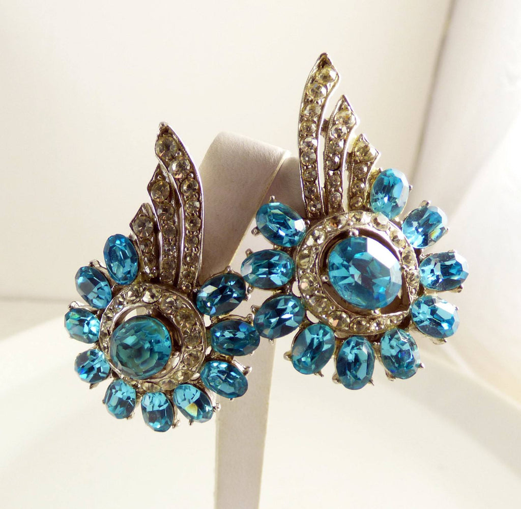 Blue Ice Rhinestone Clip Earrings