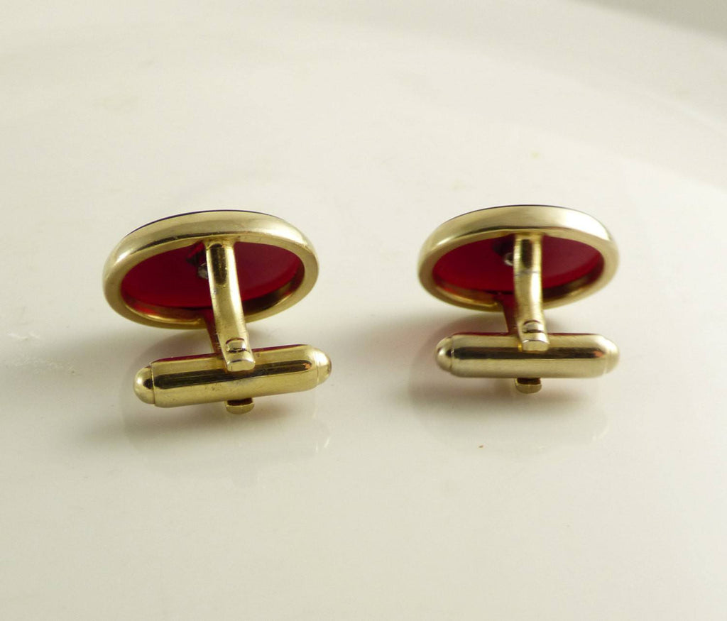 Vintage ANSON Gold Tone Oval Red Lucite Rhinestone Men’s Cufflinks - Vintage Lane Jewelry