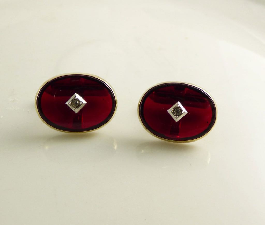 Vintage ANSON Gold Tone Oval Red Lucite Rhinestone Men’s Cufflinks - Vintage Lane Jewelry
