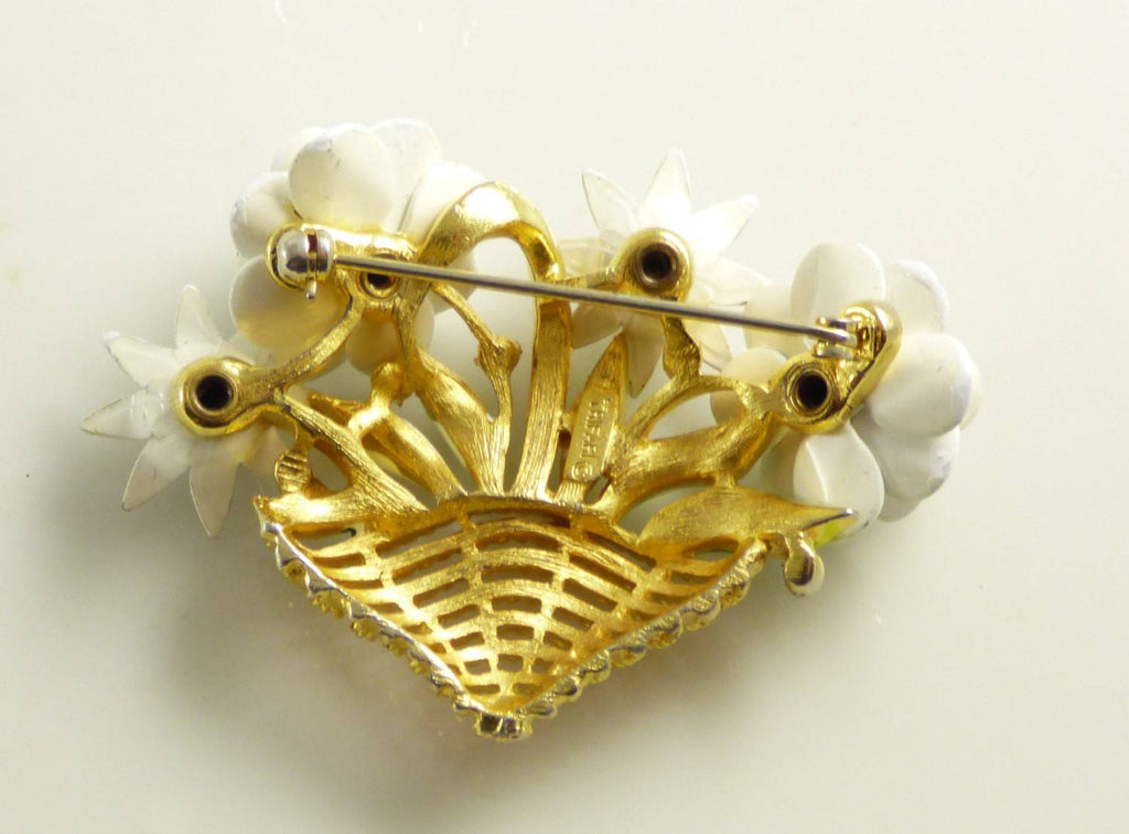 Vintage Crown Trifari Enamel Rhinestone Flower Basket Brooch - Vintage Lane Jewelry