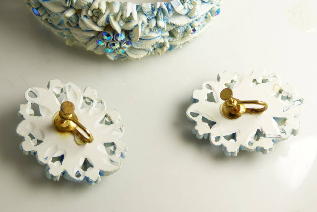 Celluloid Molded Blue Flower and Rhinestone Hinge Bracelet and Earring Set - Vintage Lane Jewelry