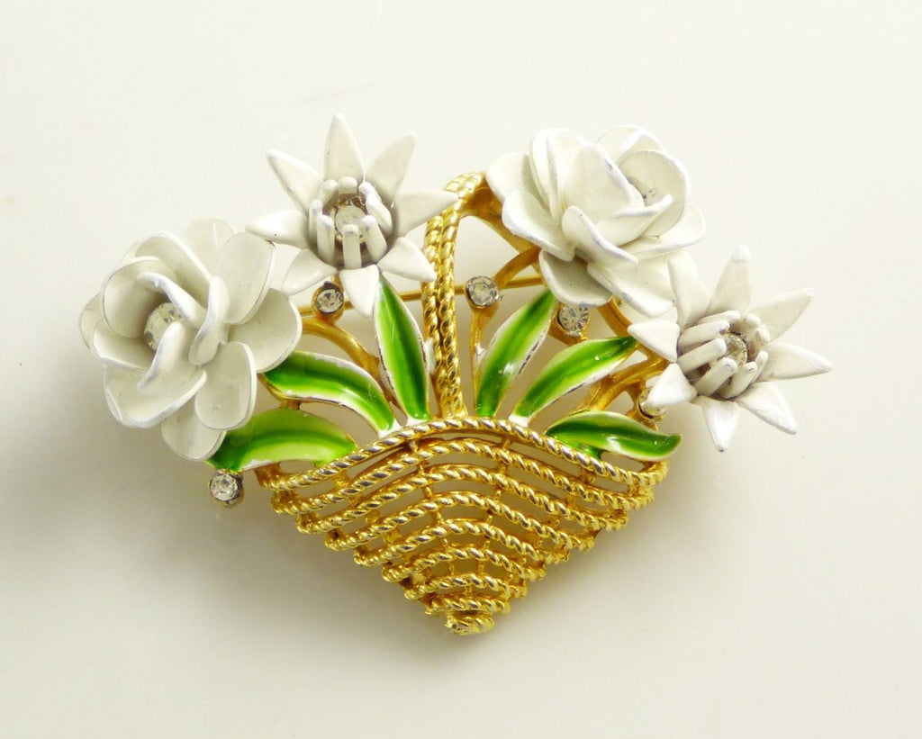 Vintage Crown Trifari Enamel Rhinestone Flower Basket Brooch