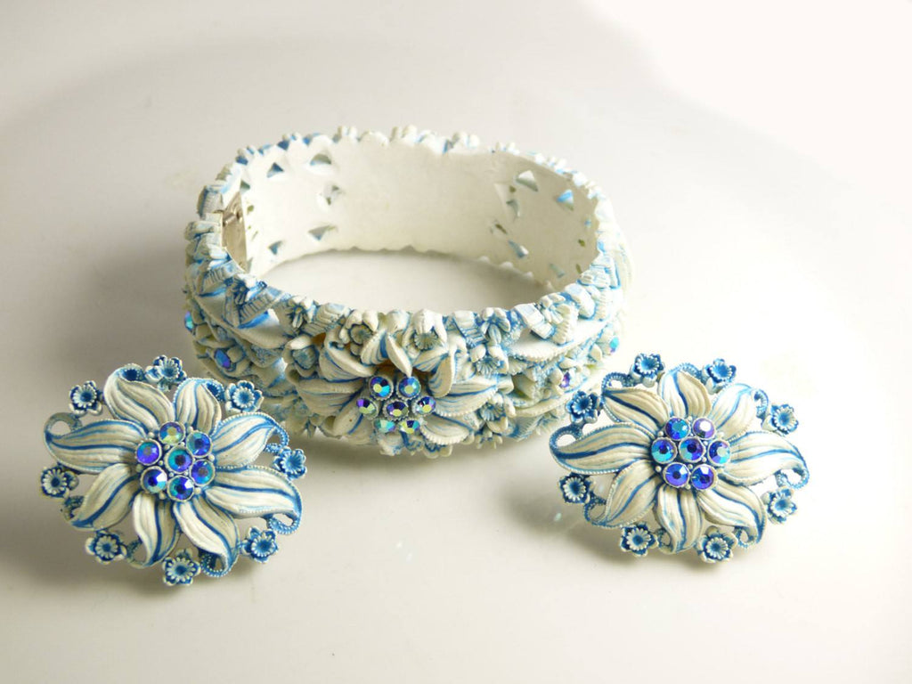 Celluloid Molded Blue Flower and Rhinestone Hinge Bracelet and Earring Set
